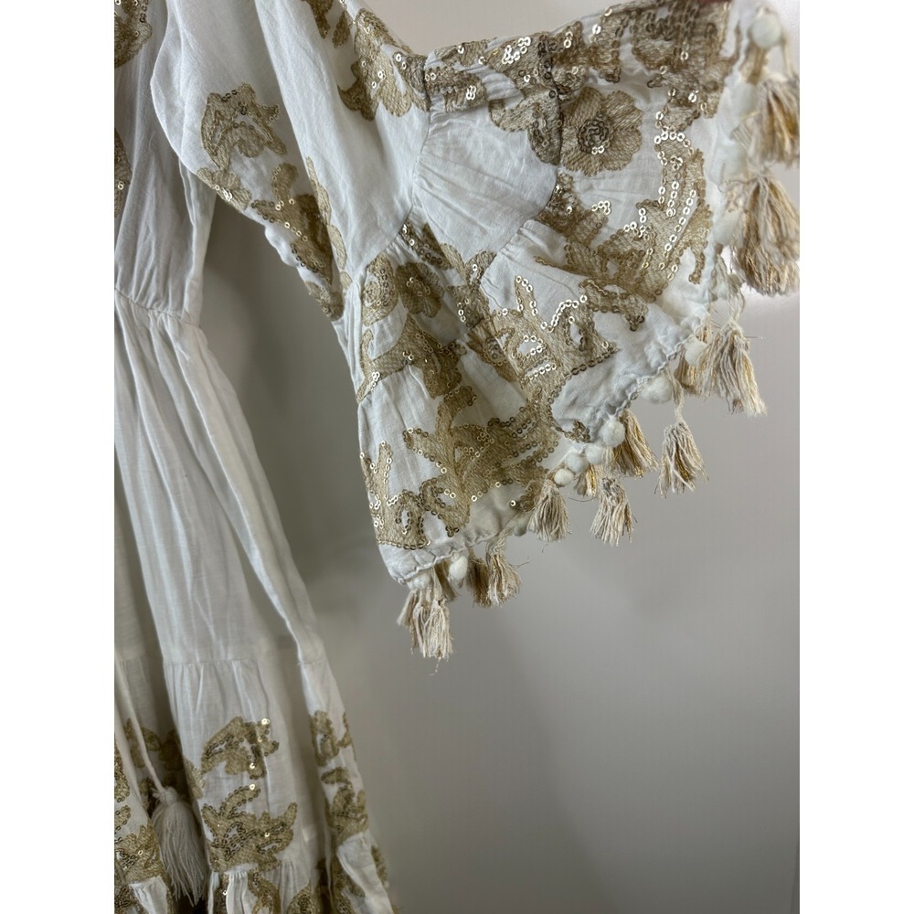 NWT Antica Sartoria Dress One Size White Gold Sequin Tassel Boho Beach Cotton - Picture 6 of 14